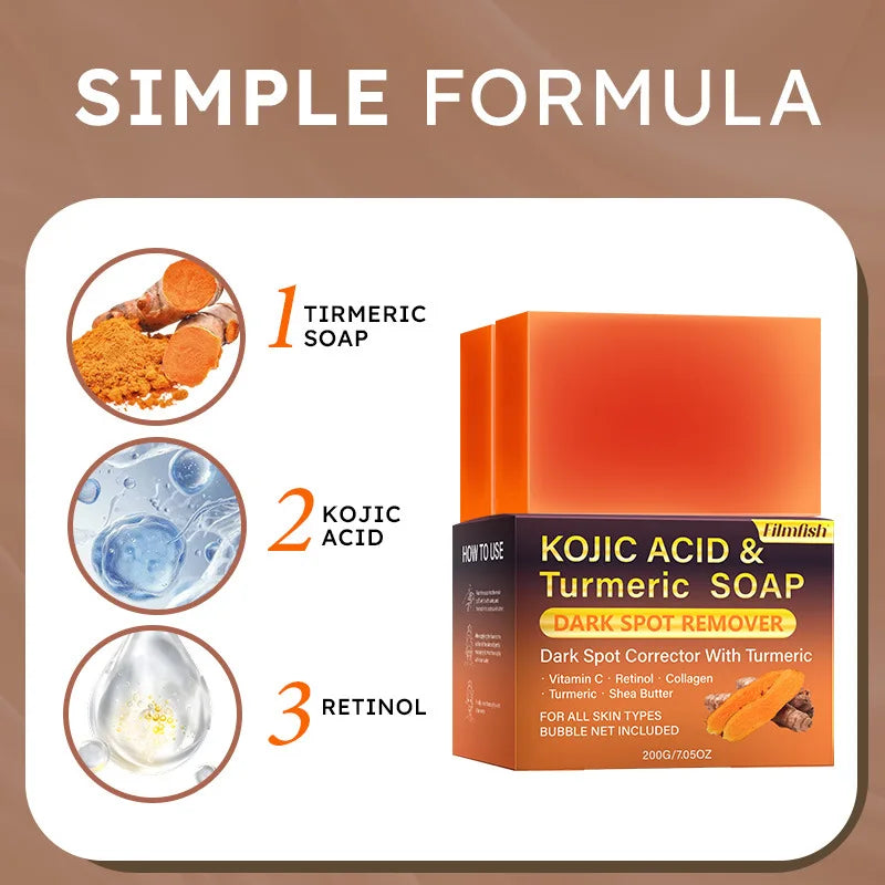 200g Kojic Acid Turmeric Soap for dark spot removal, showing the soap bar with turmeric and Kojic Acid ingredients.