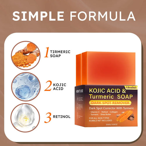 200g Kojic Acid Turmeric Soap for dark spot removal, showing the soap bar with turmeric and Kojic Acid ingredients.