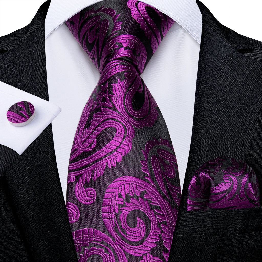 DiBanGu Ties For Men Purple Floral Paisley Necktie Business Formal 100% Silk Tie Pocket Square Set For Wedding Party Cravat