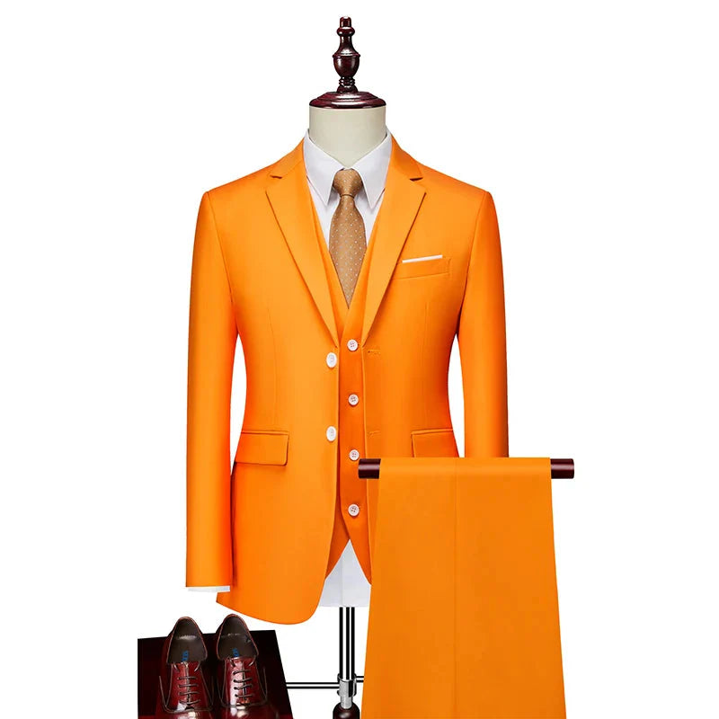 SHOWLU Men's pink three-piece wedding suit featuring slim fit design, suitable for business casual or formal occasions.