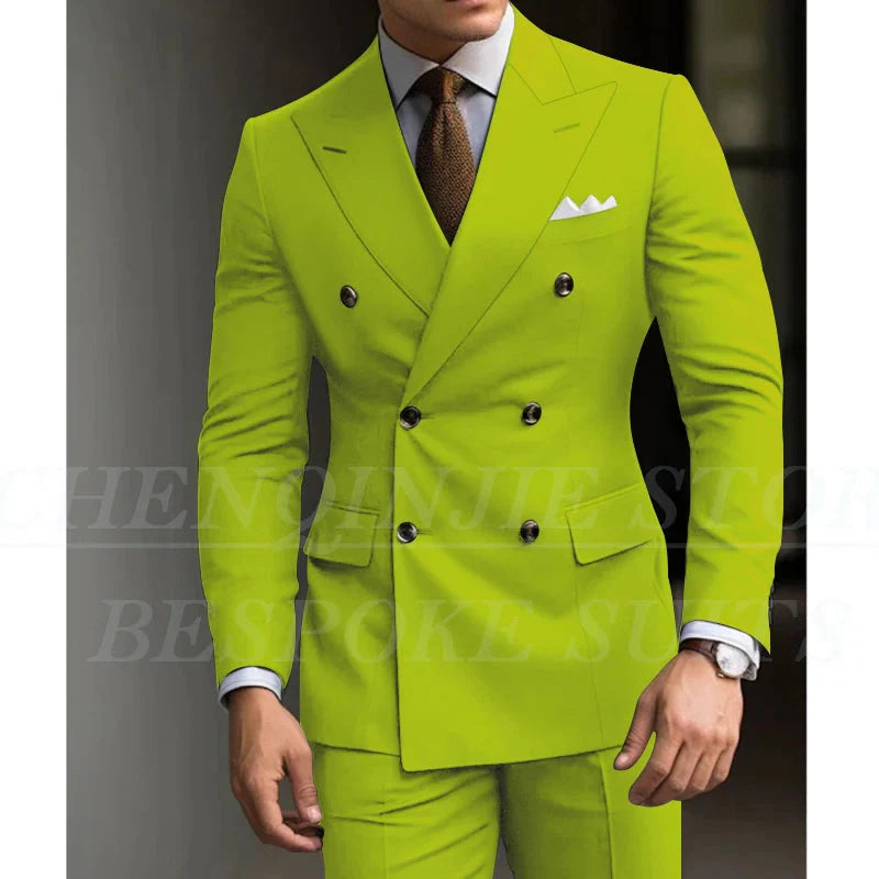 Showlu Fashion men's green slim fit 2-piece suit with blazer and trousers, ideal for formal weddings and special occasions.