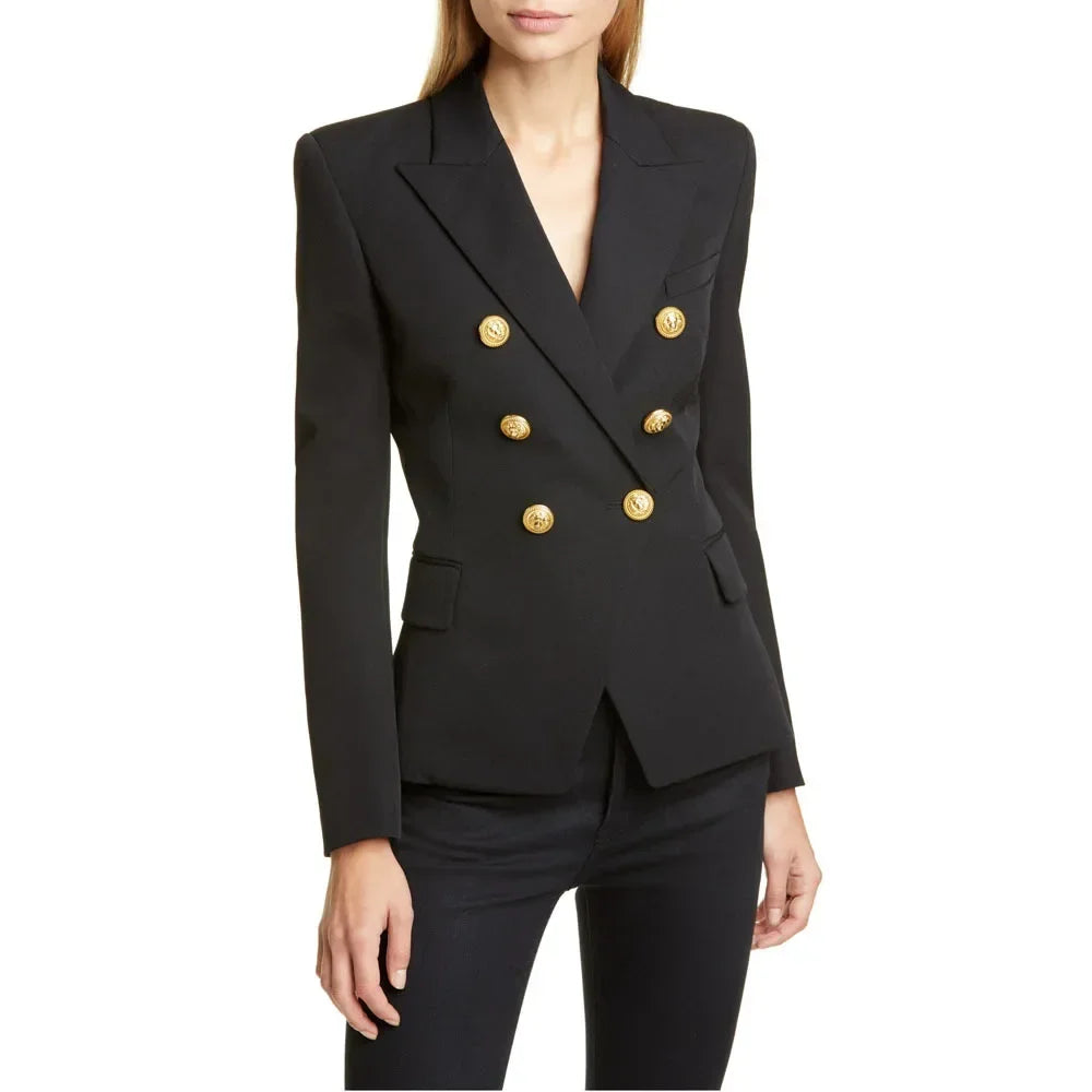 Women Blazer Coats Double Breasted Button Jackets Plaid Cardigan Long Sleeve Pockets Office Lady Work Turn Down Collar Jacket