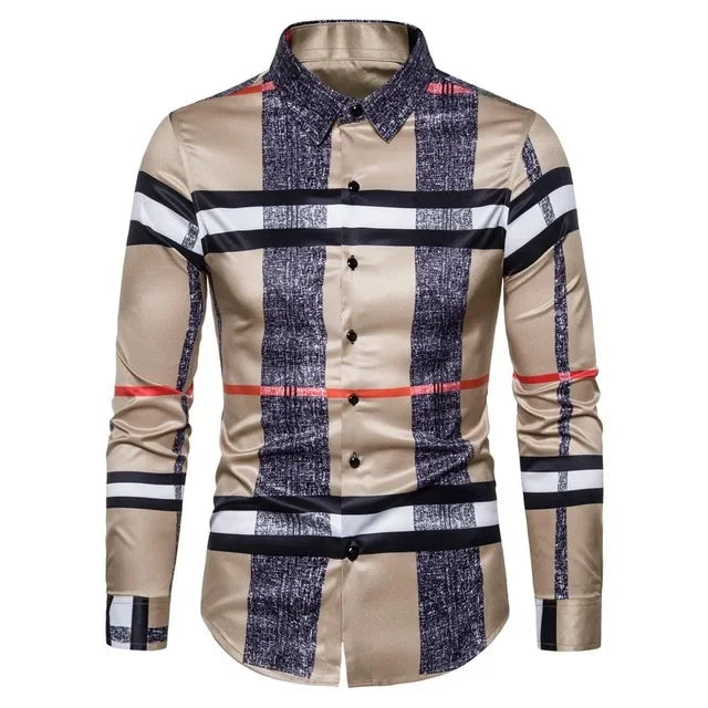 Men's retro plaid long sleeve shirt with casual floral design from Showlu Fashion Store, featuring a stylish, comfortable dress top.