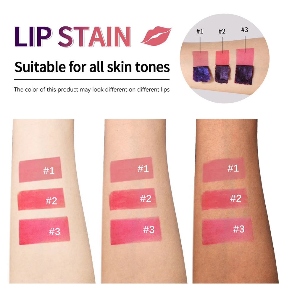 Showlu Smart General waterproof peel-off lip stain in vibrant red, showing the lip tint applied on lips with a glossy finish.
