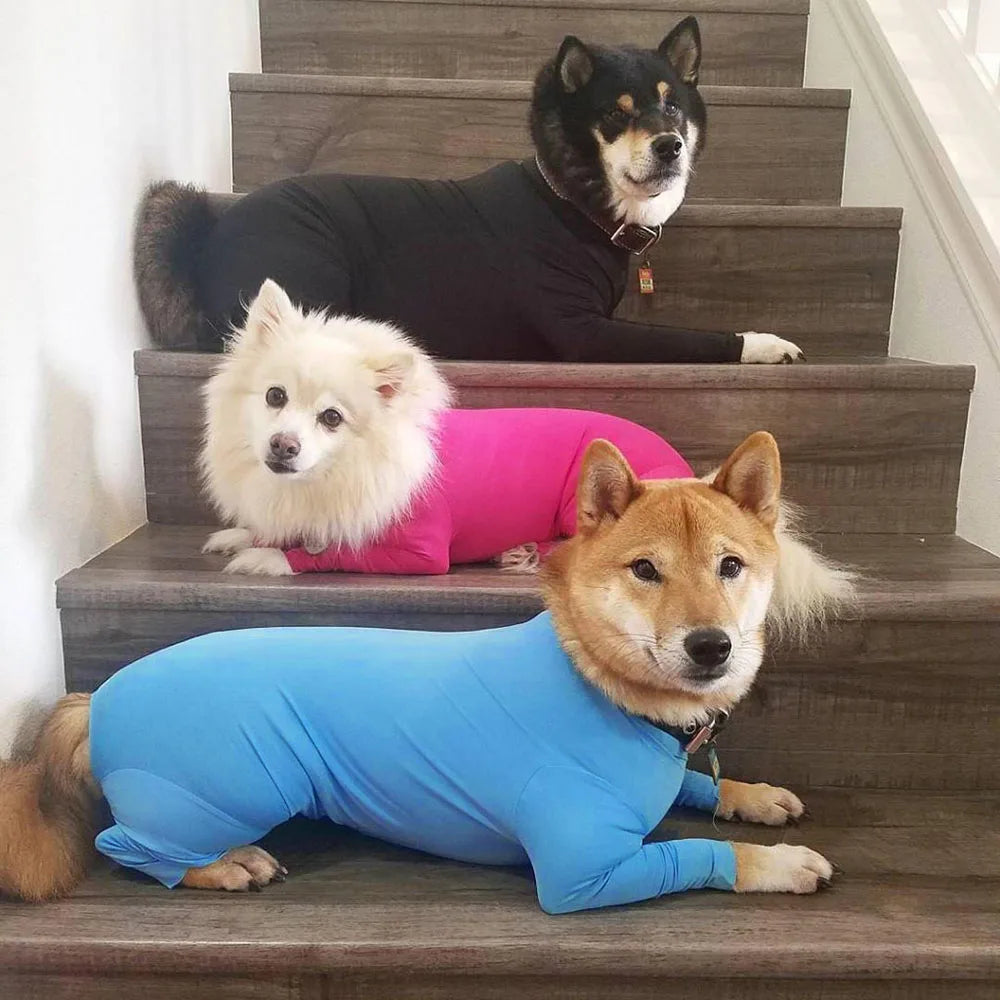 Showlu Dog Pajamas calming anxiety onesie and surgery recovery suit, soft fabric, comfortable fit for small dogs.
