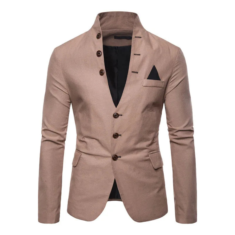 Men's slim fit blazer with multi-button details, casual stand collar, solid color, suitable for dress, stage, or party occasions.