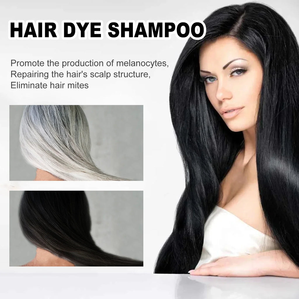 EELHOE 3-in-1 natural plant hair dye shampoo for grey coverage, 100ml, showing the bottle and hair application process.