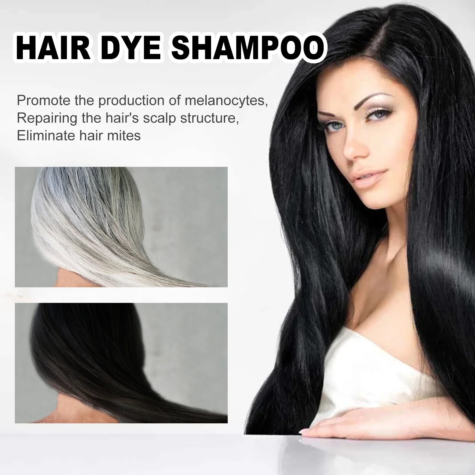 EELHOE 3-in-1 natural plant hair dye shampoo for grey coverage, 100ml, showing the bottle and hair application process.