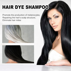 A woman with long black hair is shown next to before and after images of grey hair coverage.