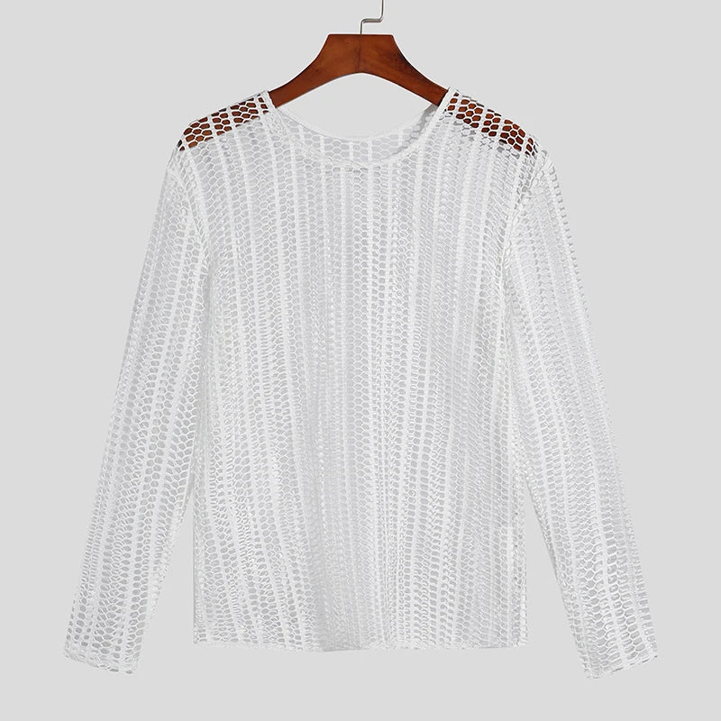 Mens Long Sleeve T-Shirts Sexy Sheer Mesh Fishnet Clubwear Tops Tee Outwear Gym Training  Hollow Out See Through Tops
