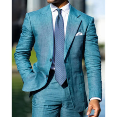 Blue Linen Single Breasted Men Suit Two Pieces(Jacket+Pants) Outfits Casual Party Prom Wedding Set