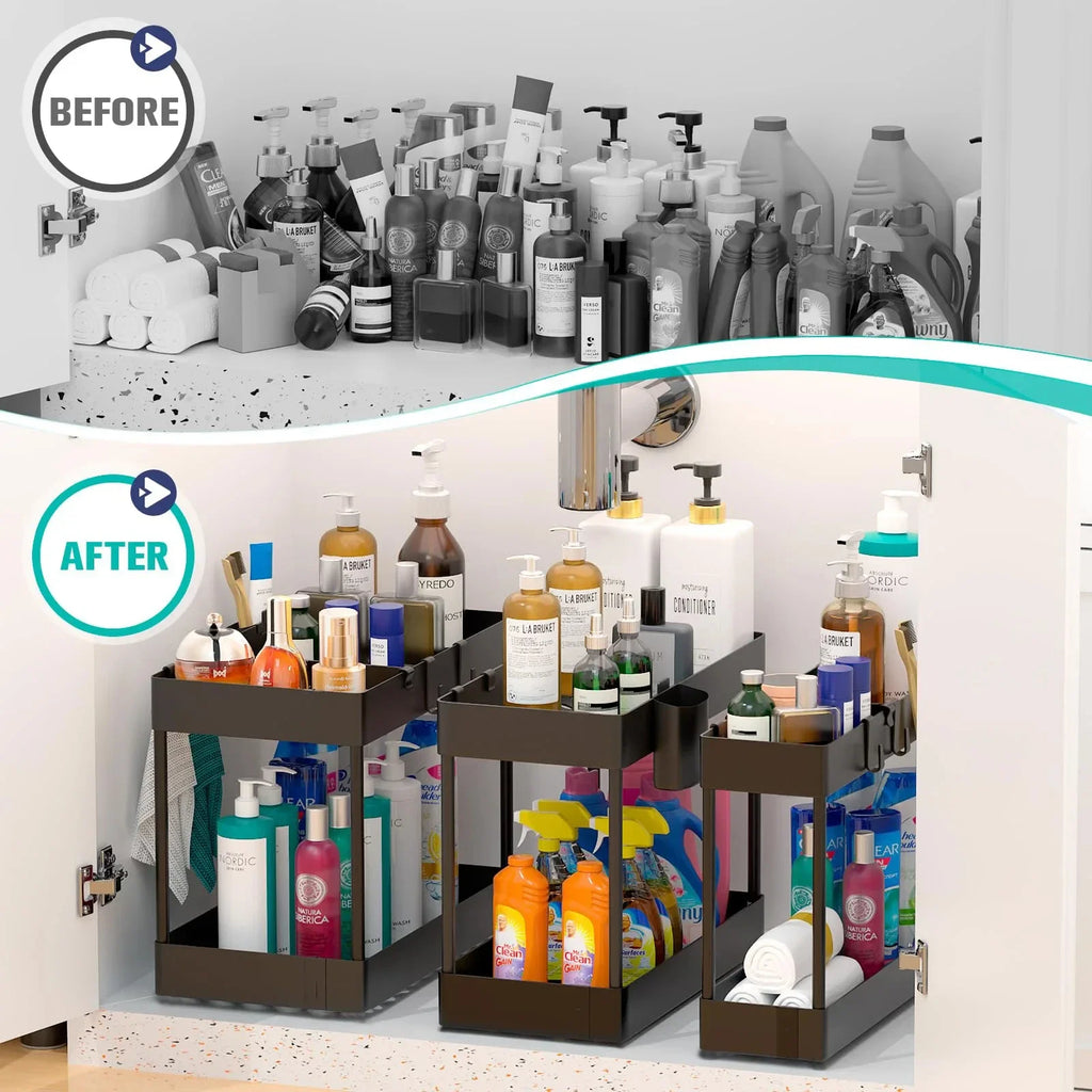 Showlu Smart General under sink organizer rack with multiple compartments for kitchen or bathroom storage.