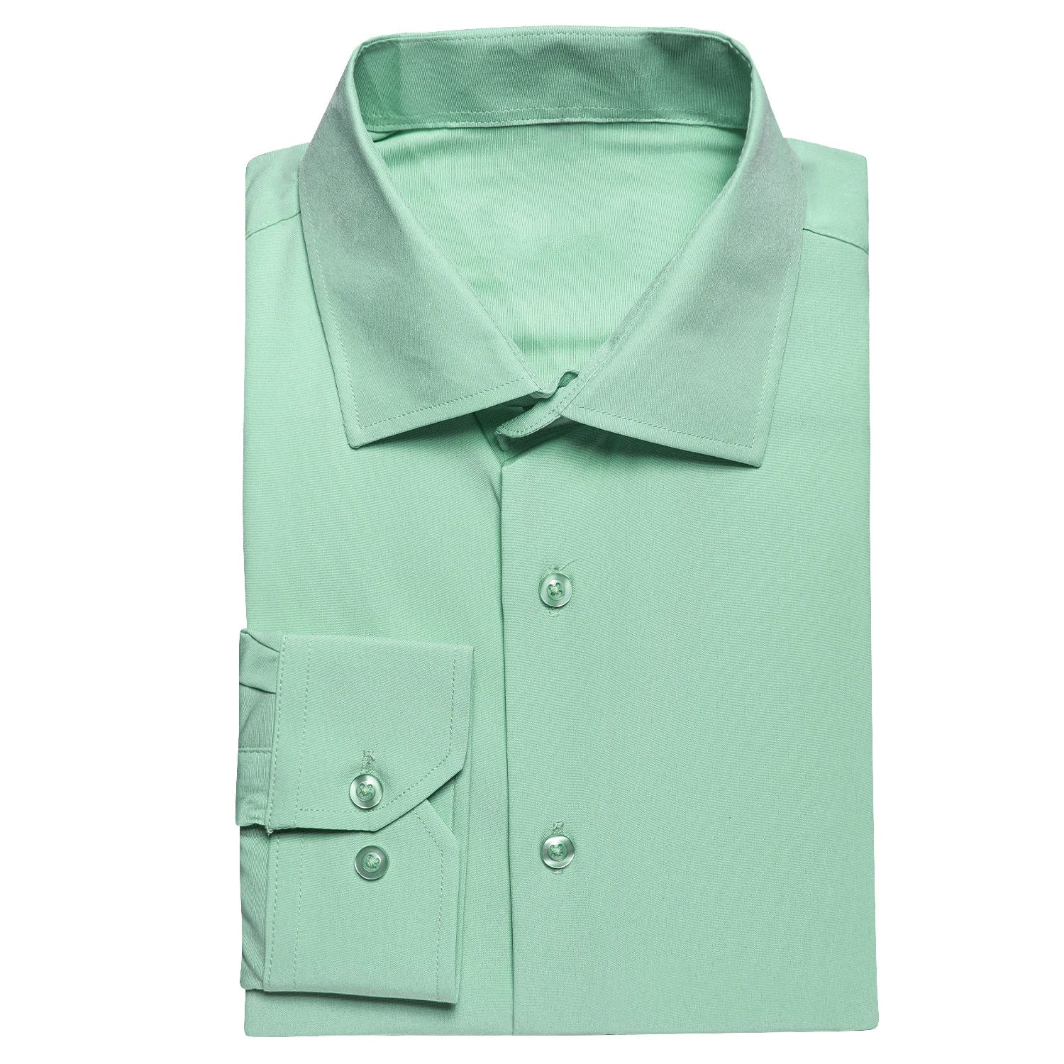 Showlu Fashion men's long sleeve silk dress shirt in solid blue, mint, pink, purple, green, or gray with lapel collar for business or wedding wear.