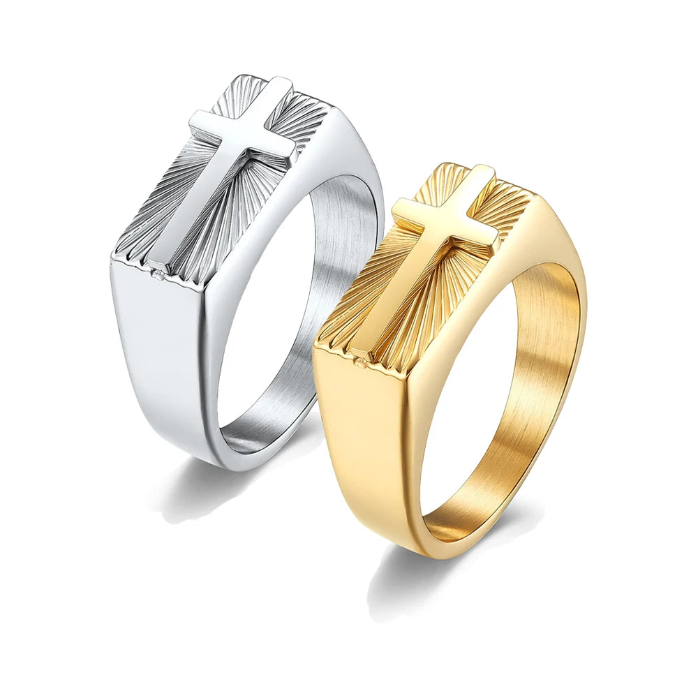 Men's stainless steel cross ring with 8mm sunburst design, religious band jewelry, Showlu Fashion Store