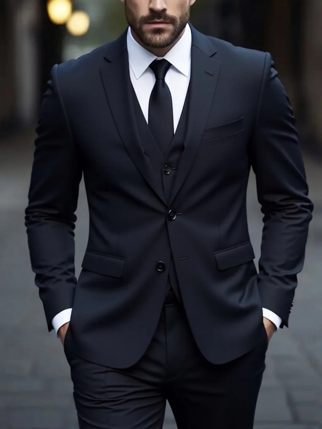 White men's 3-piece slim fit suit by Showlu Fashion, featuring a modern design and anti-wrinkle fabric for formal business wear.