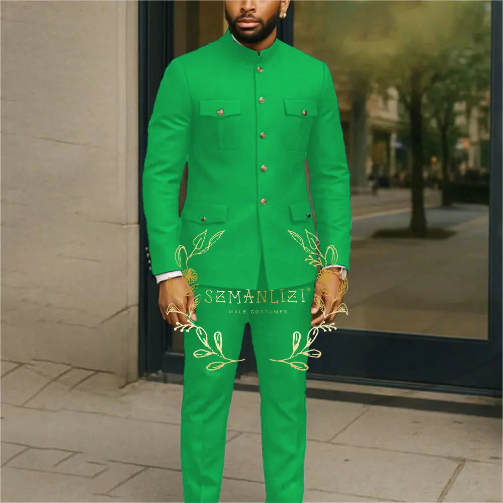 White stand collar men's suit jacket and pants set with single-breasted blazer, ideal for business, groom, or wedding attire.