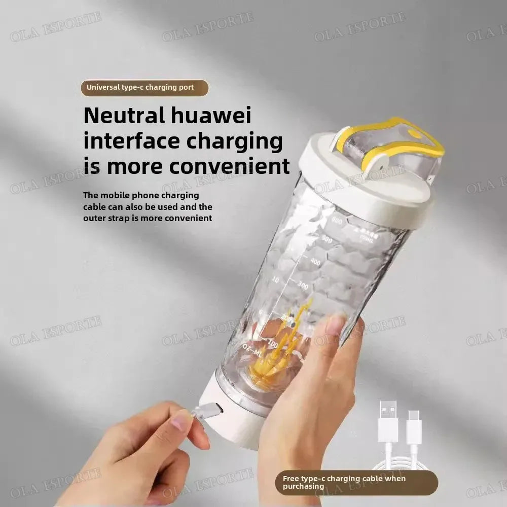 Portable Showlu Smart General USB electric protein shake blender cup with blending blades and transparent body.