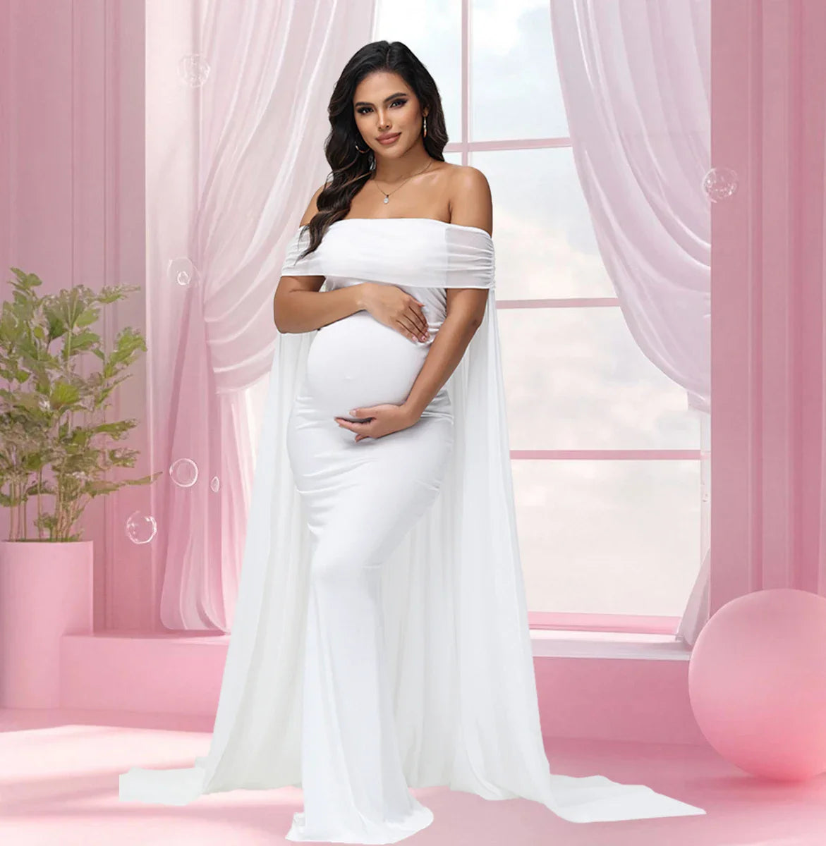Showlu maternity photography dress in mesh chiffon maxi gown, perfect for photoshoots, featuring elegant flowing fabric.
