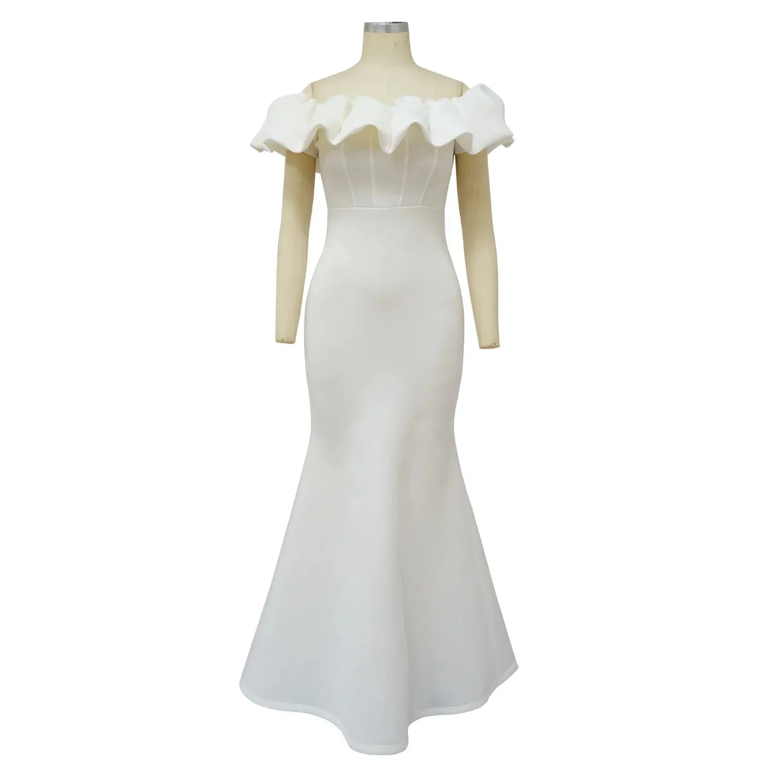 Aimei white off-shoulder ruched mermaid evening gown with fitted bodice and flowing skirt, perfect for wedding guests.