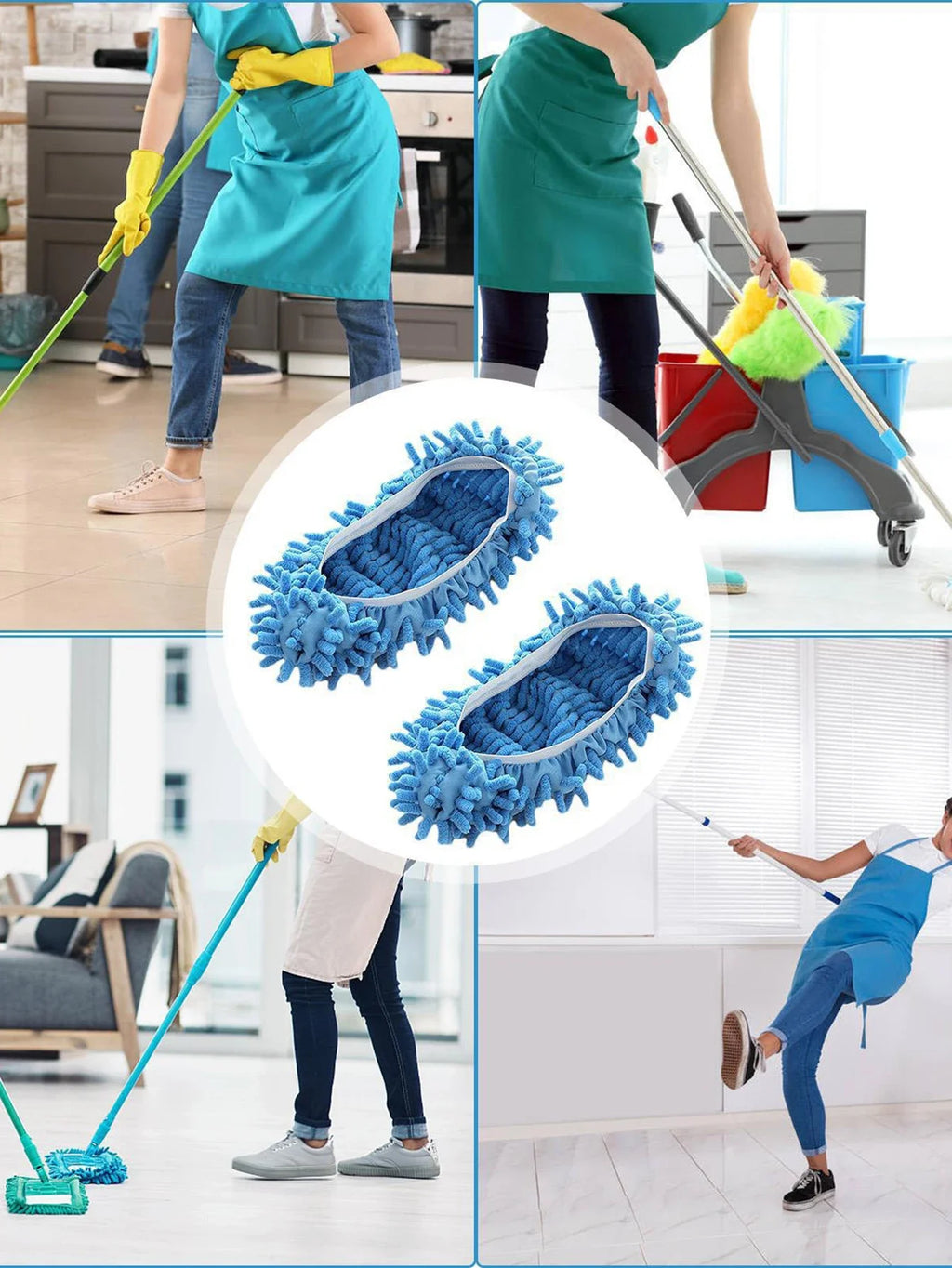 Showlu Fashion chenille dust mop slippers with polyester cleaning soles, designed for effective floor dusting and cleaning.