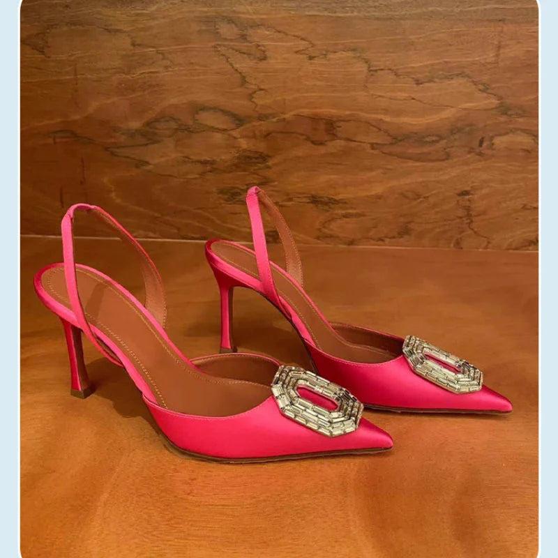 Black silk women's stiletto heels with rhinestone embellishments and pointed toes, designed by SHOWLU FASHION STORE.
