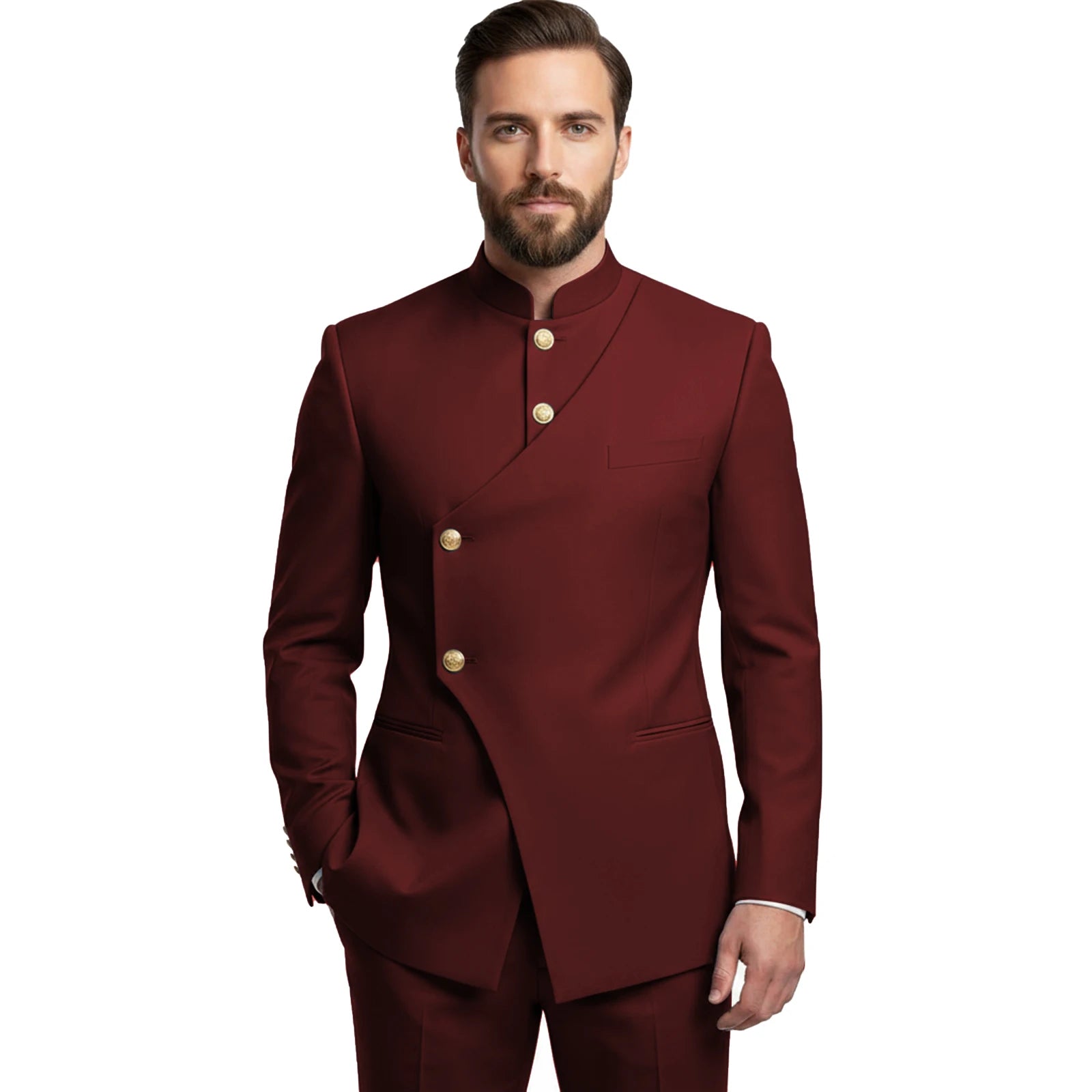 Chinese Suit Men 2 Piece Tunic Suits Slim Fit Safari Suits for Men Mandarin Collar Suit Blazer Pants Set