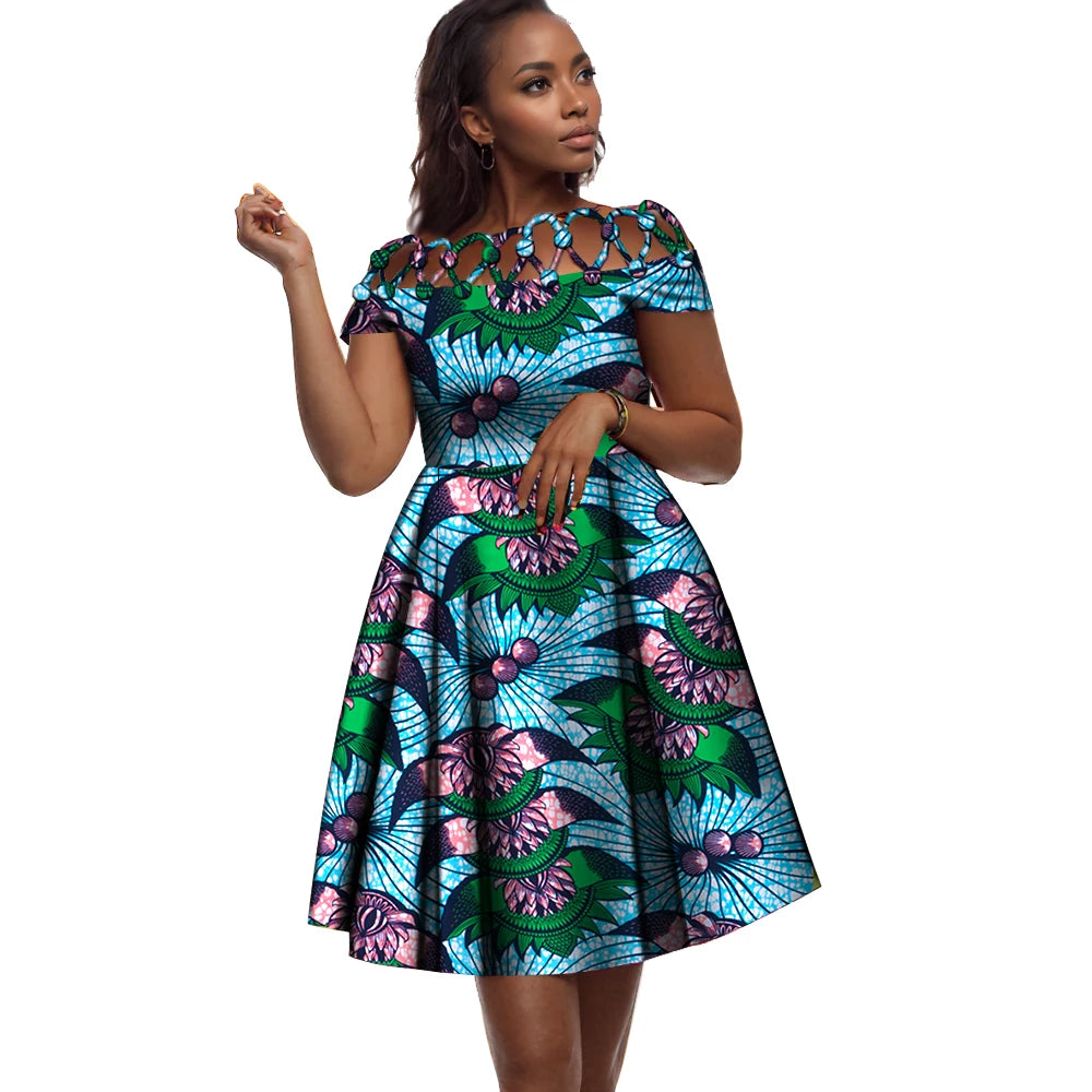 BintaRealWax African Dresses for Women Cotton Rope Weaving Collar African Print Wax Clothing Knee-Length Lady Dress WY335