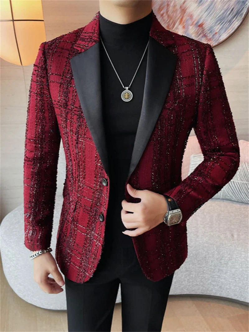 Sansour men's plaid slim fit business blazer, single-breasted suit jacket with stylish checkered pattern and tailored fit.