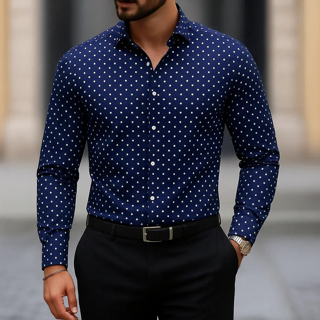 Men's slim fit striped casual shirt by SHOWLU FASHION STORE, long sleeve polyester shirt with stylish vertical stripes.