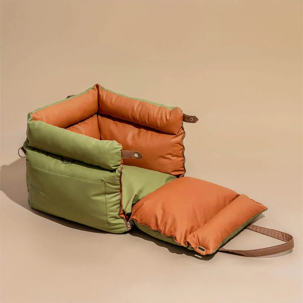 Luxury faux leather dog car seat by Showlu Fashion Store, comfortable pet booster bed for secure travel and relaxation.