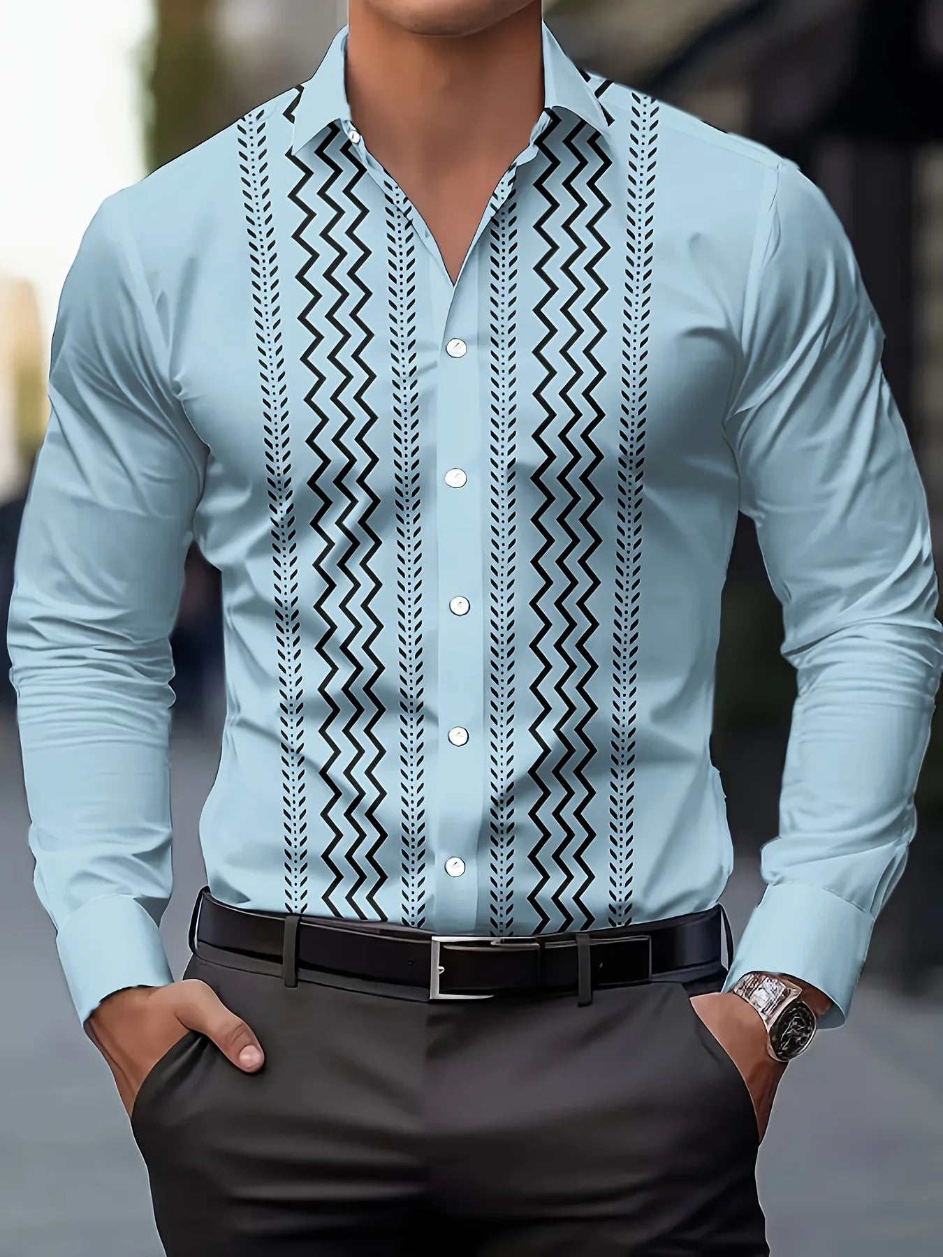 Men's checked long-sleeved button-up shirt by Showlu Fashion with high-end striped design, casual fitted style, men's fashion top