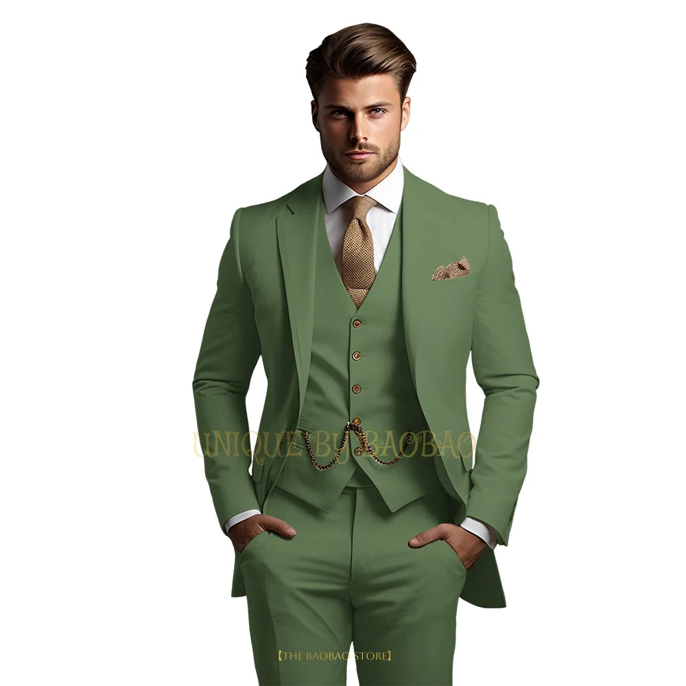 Men's grey 3-piece suit with jacket, vest, and trousers, stylish classic wedding and formal attire by Showlu Fashion Store.