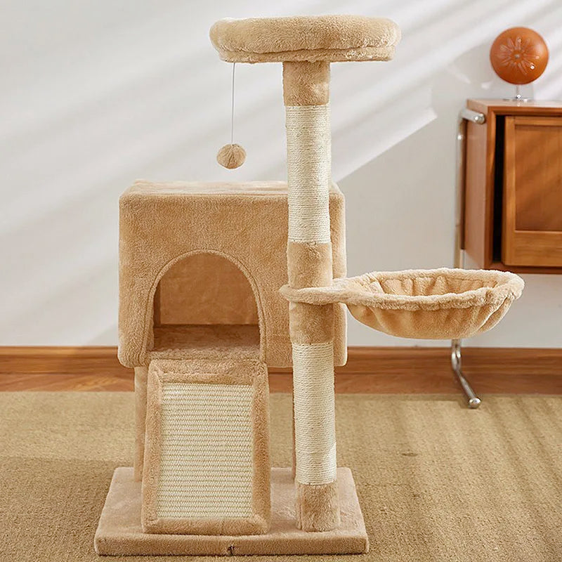 Showlu 3-tier wood cat tree tower with double condos, sisal posts, and perches for climbing and scratching.