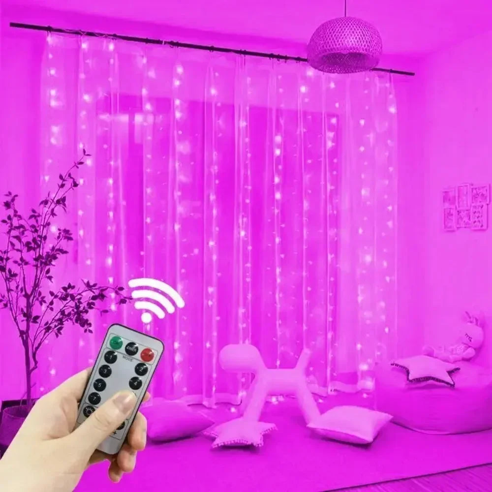 Showlu Smart General LED curtain fairy lights hanging with warm white glow, perfect for home decor and festive decoration.
