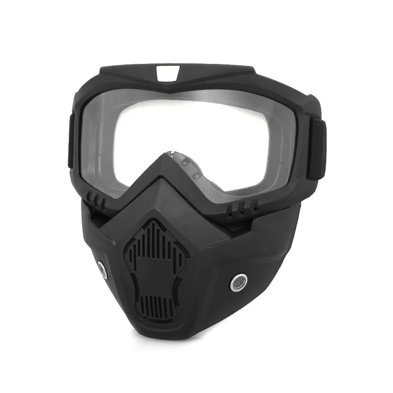 Full face bicycle helmet with anti-fog mask, safety goggles, and mouth filter, designed for airsoft, paintball, and hunting activities.