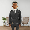 Boy's double-breasted blazer and pants tuxedo set for kids, stylish formal suit by Showlu Fashion for ages 2 to 16.