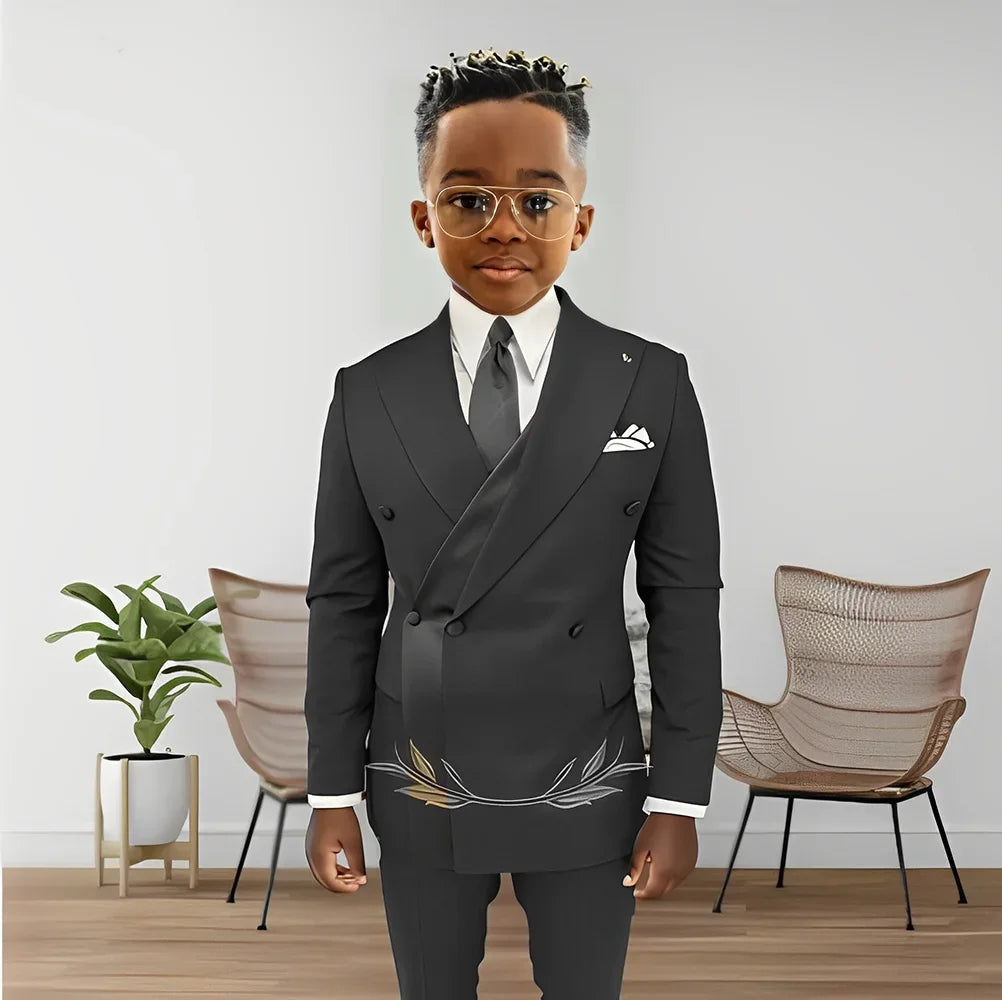 Boy's double-breasted blazer and pants tuxedo set for kids, stylish formal suit by Showlu Fashion for ages 2 to 16.