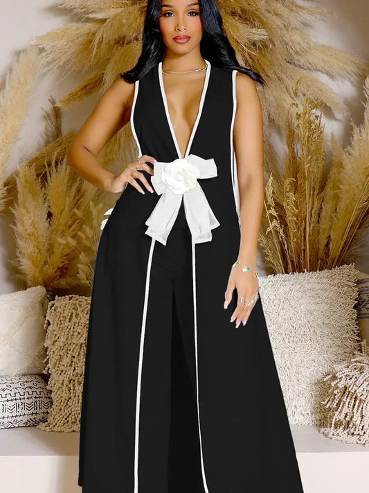 Bow Tie Appliques V-neck Sleeveless Long Top and Wide Leg Pants Matching Sets Women Two Piece Set Elegant Vintage Club Outfits