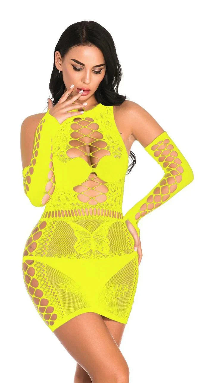Plus size fishnet lingerie dress by SHOWLU FASHION, open cup halter mini dress with revealing fishnet design and bold style.