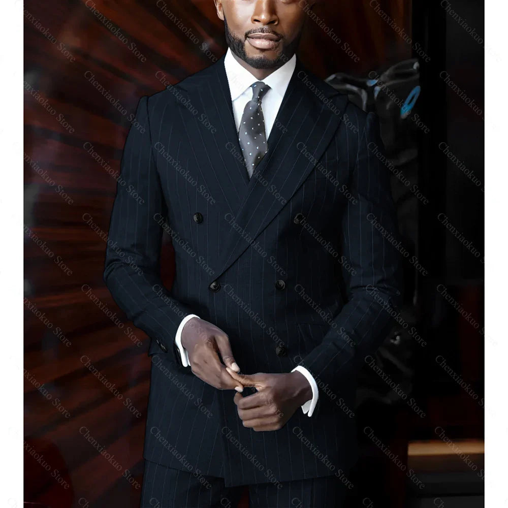 Blue pinstripe men's suit by SHOWLU FASHION, double-breasted slim fit 2-piece suit with classic lapels and tailored fit.