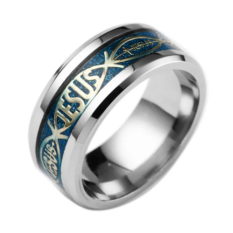Showlu Jesus Cross ring made of 316L stainless steel, featuring a religious design on a sleek, polished band.