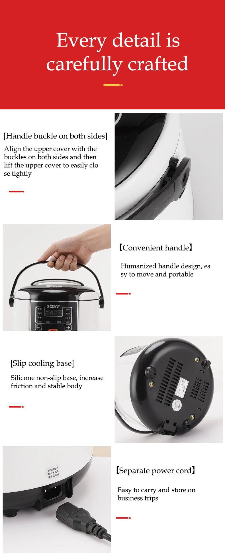 Mini electric rice cooker by Showlu Smart General, 2L capacity, portable design with 200W power, shown in sleek black color.