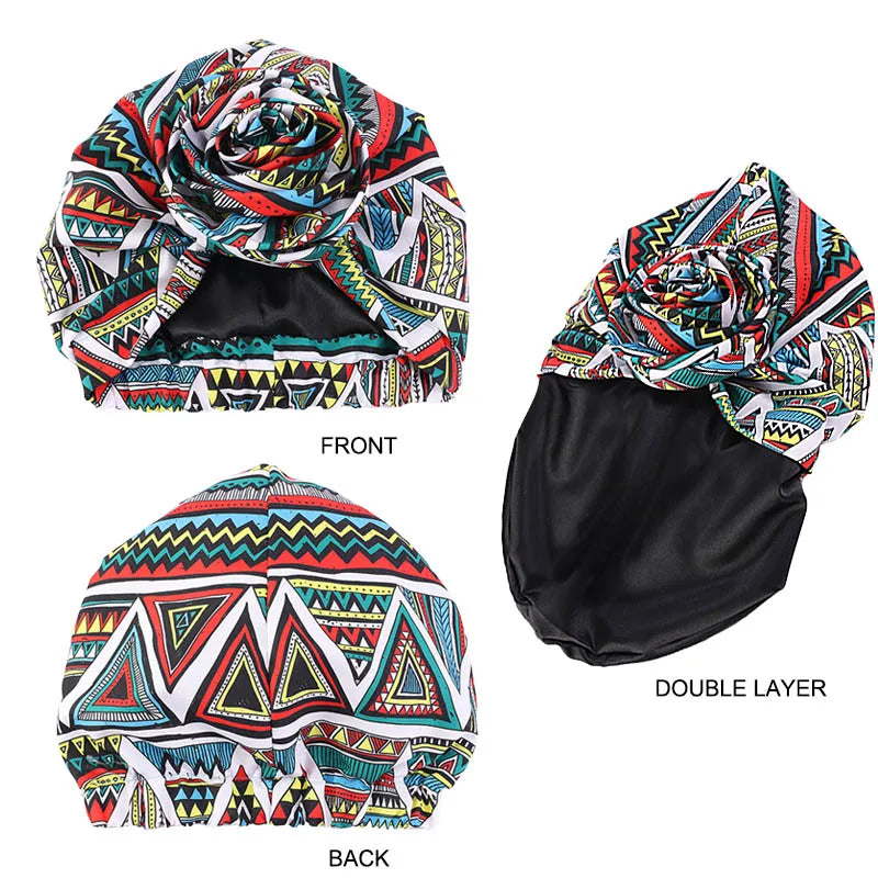 African satin-lined woman turban cap with big floral print, floral headwrap, Muslim bonnet, and beanie style for ladies.