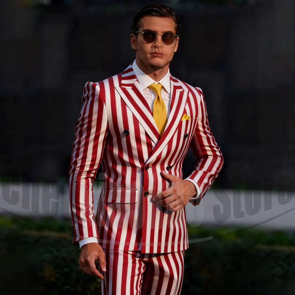 Stylish two-tone striped men's double-breasted suit with tailored fit, suitable for business, casual, wedding, or party occasions.