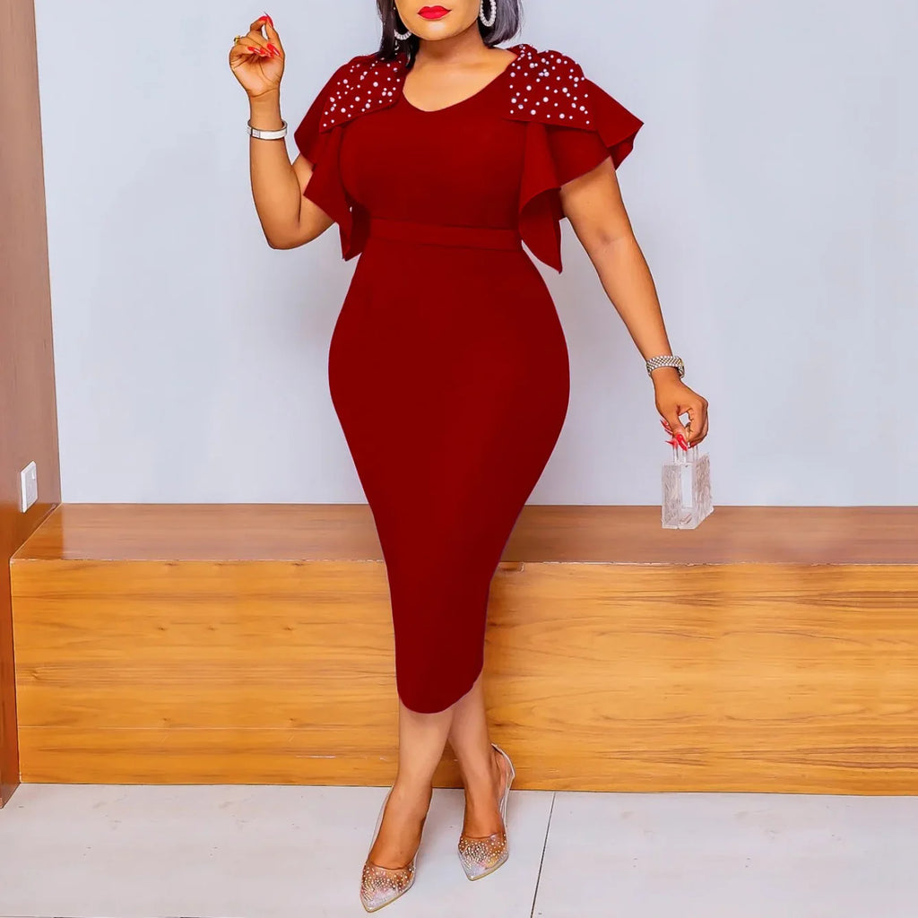 Women's V-neck beaded bodycon dress with ruffle sleeves, sheath midi style by SHOWLU FASHION STORE
