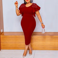 Women's V-neck beaded bodycon dress with ruffle sleeves, sheath midi style by SHOWLU FASHION STORE
