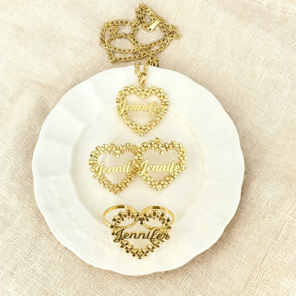 Showlu Personalized Heart Jewelry Set with custom necklace and earrings featuring engraved names and heart-shaped designs.