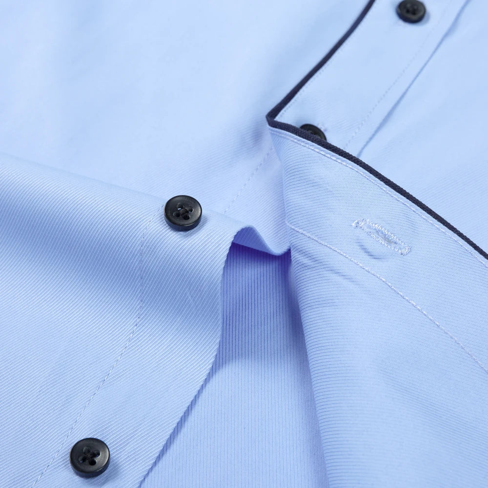 Men's classic contrast stitching long sleeve dress shirt with front placket, semi-formal style, standard fit, ideal for office and business wear