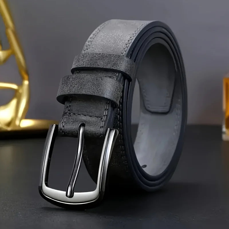 Showlu men's casual PU leather belt with metal needle buckle, featuring a sleek design and durable construction.