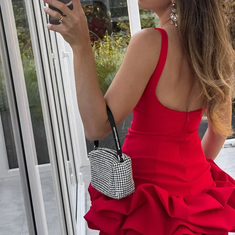 Red ruffled hem mini dress for women, elegant sleeveless O-neck backless dress perfect for evening parties and club events.
